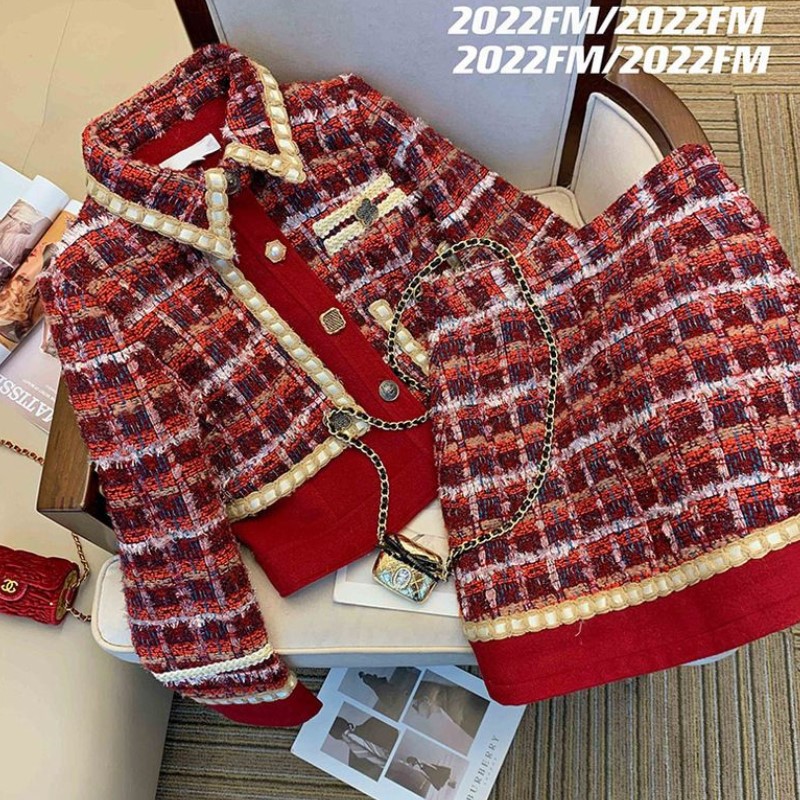 Winter Clothing Vintage - Women Elegant Tweed Red Suit Jackert