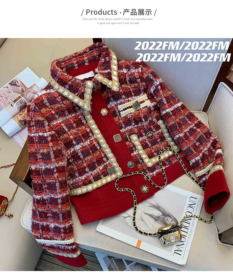 Women Elegant Tweed Red Suit J - Winter Clothing Vintage ulasan dan harga