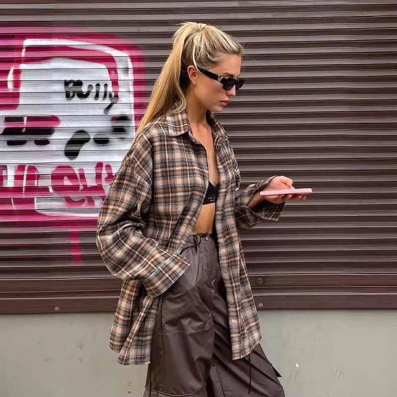 Casual Plaid Shirt Woman Loose - Winter Clothing Vintage ulasan dan harga