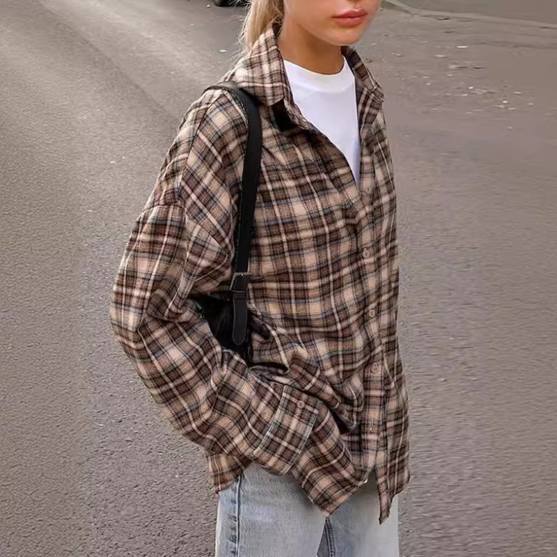 Casual Plaid Shirt Woman Loose - Winter Clothing Vintage ulasan dan harga