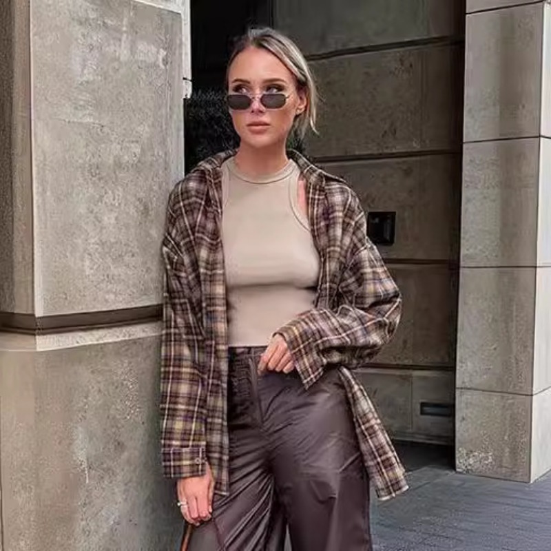 Casual Plaid Shirt Woman Loose - Winter Clothing Vintage ulasan dan harga